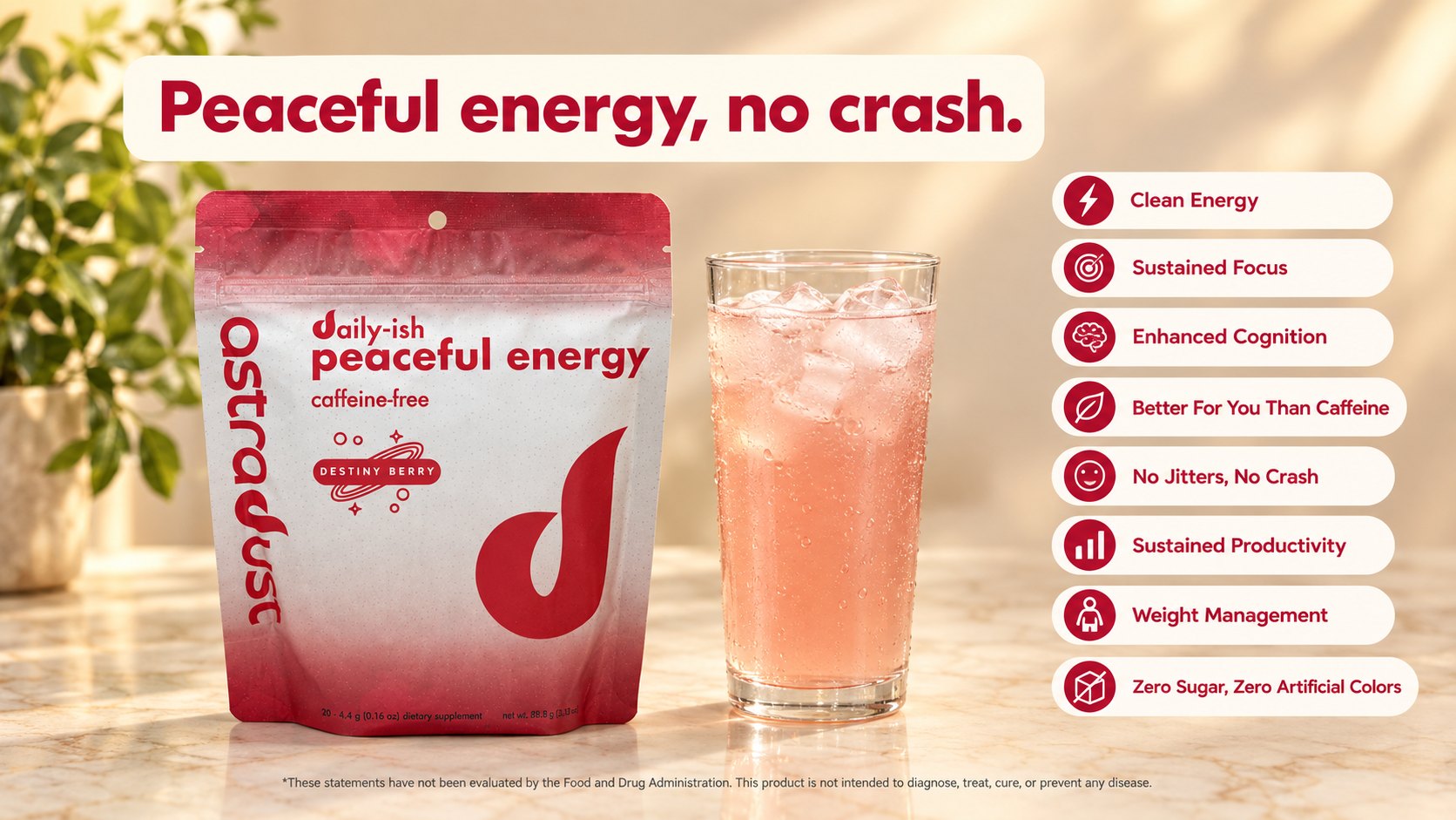 Astradust Daily-ish Peaceful Energy, Destiny Berry flavor: a caffeine-free drink mix pouch beside an iced glass, with benefits including clean energy, sustained focus, no jitters, no crash, and zero sugar.